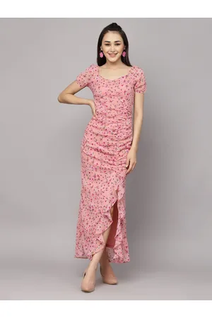 Aayu Floral Printed V-Neck Puff Sleeves Ruffles Detailed Ruched Maxi Dress