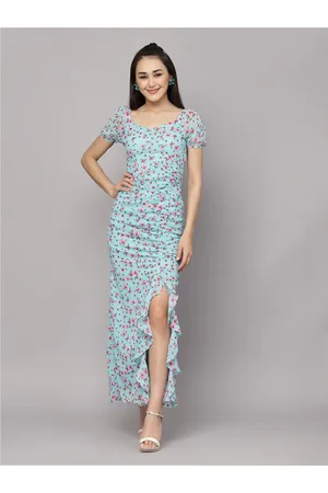 Aayu Floral Printed V-Neck Puff Sleeves Ruffles Detailed Ruched Maxi Dress