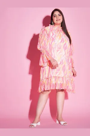 ATHENA Plus Size Abstract Printed Bell Sleeves Ruffled A-Line Dress