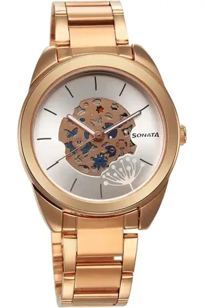 Sonata Women Silver-Toned Brass Skeleton Dial & Stainless Steel Straps Analogue Watch 8182WM01