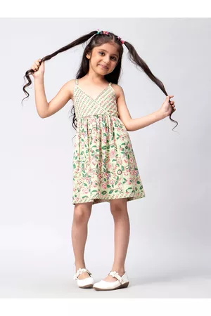 HERE&NOW Girls Green & Red Floral Printed Cotton Fit & Flare Dress