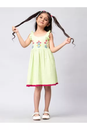 HERE&NOW Girls Green & Pink Floral Embroidered Cotton A-Line Dress