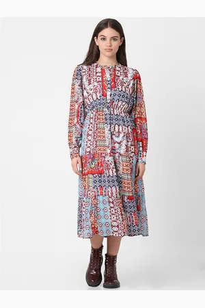 ONLY Floral Printed Cuffed Sleeves Tiered Midi A-Line Dress