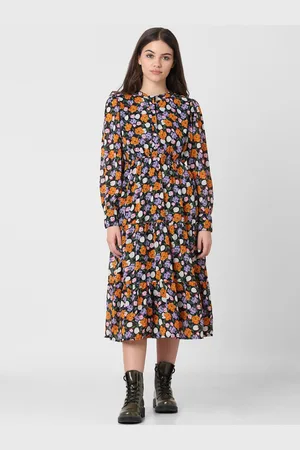ONLY Floral Printed Cuffed Sleeves Tiered Midi A-Line Dress