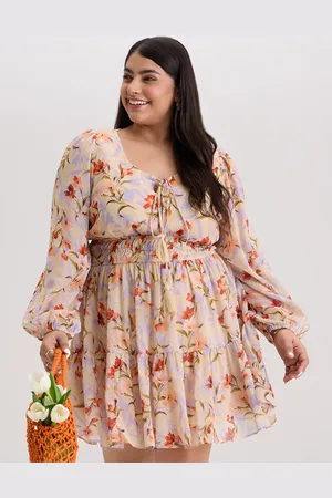 20Dresses Plus Size Yellow Floral Printed Puff Sleeves Blouson Dress