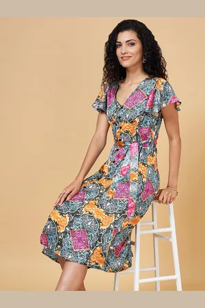 Pantaloons Abstract Printed Flutter Sleeve Tie-up A-Line Midi Dress