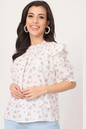 BEATNIK Floral Printed Puff Sleeve Smocked Ruffled Cotton Top