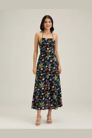 20Dresses Black Tropical Printed Tie-Up Neck Cotton A-Line Maxi Dress