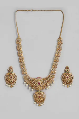 Peora Gold-Toned South Indian Traditional Style Necklace Earring Jewellery Set