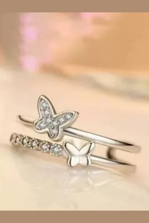 Meenaz Silver Plated AD Studded & Butterfly Shaped Couple Ring