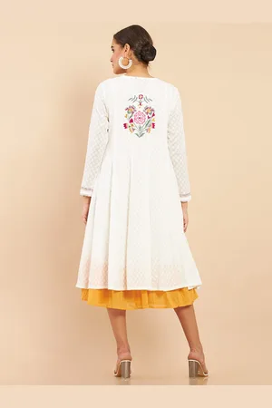 Soch Off White Ethnic Motifs Embroidered Layered Pure Cotton A-Line Midi Ethnic Dress