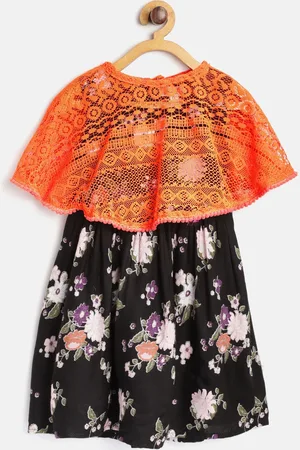 Bella Moda Girls Black & Orange Printed Fit & Flare Dress