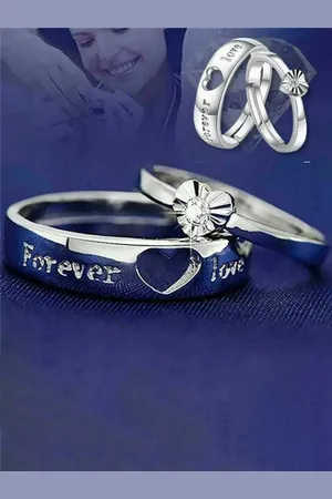 Meenaz Set Of 2 Silver-Plated AD-Studded Heart Shaped Couple Adjustable Rings