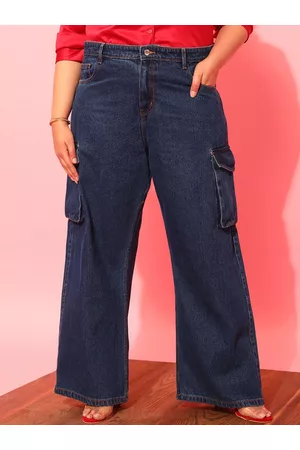 CURVY STREET Women Plus Size Blue Jean Wide Leg Pure Cotton Cargo Jeans