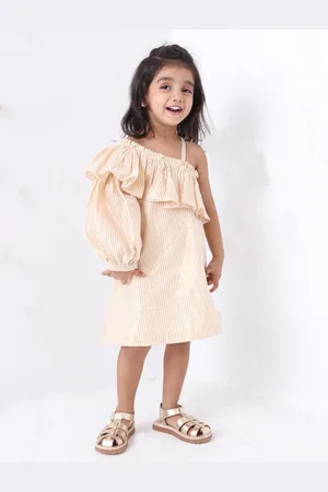 Jilmil Girls Striped One Shoulder Puff Sleeves Ruffled Cotton A-Line Dress