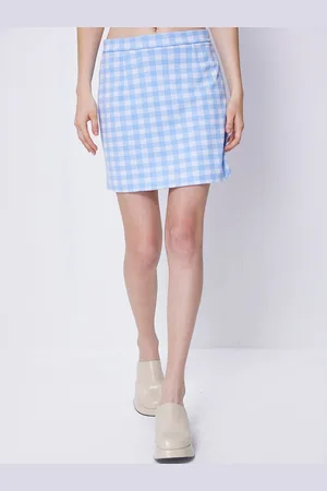 COVER STORY Blue Gingham Checked Straight Mini Skirt