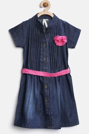 StyleStone Girls Navy Denim Shirt Dress with Tucks