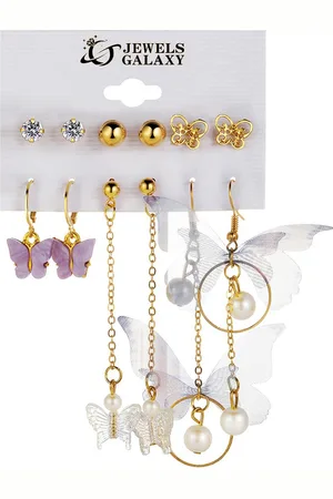 Jewels Galaxy Pack Of 6 Gold-Plated Contemporary Drop Earrings