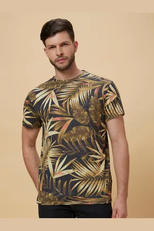 Globus Men Black & Beige Tropical Printed Pure Cotton T-shirt
