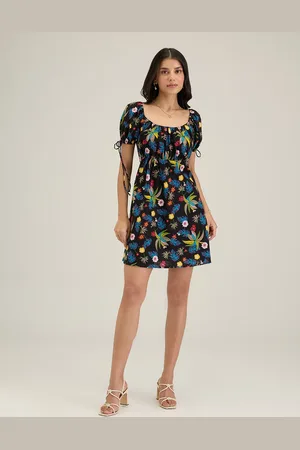 20Dresses Black & Green Floral Printed Puff Sleeve Pure Cotton A-Line Dress