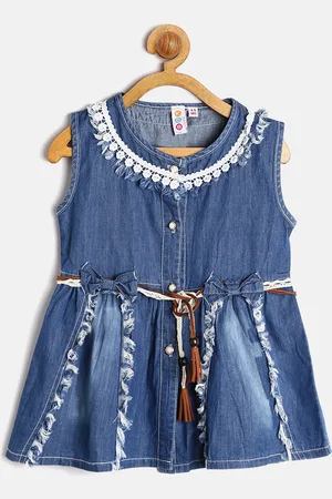Kids On Board Girls Blue Washed Chambray A-Line Dress with Fringed Detail