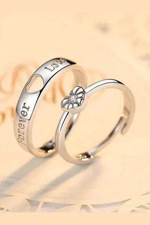 Meenaz Set Of 2 Silver-Plated AD-Studded Heart Couple Adjustable Ring
