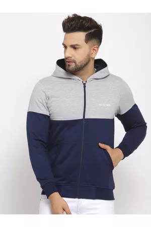 Kalt Men Navy Blue & Grey Colourblocked Fleece Bomber Jacket