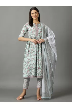 DIVINATION Women Multicoloured Floral Printed Pure Cotton Kurta with Palazzos & With Dupatta