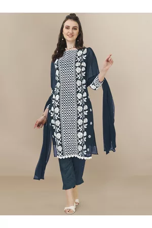 HERE&NOW Floral Embroidered Chikankari Kurta with Trousers & Dupatta