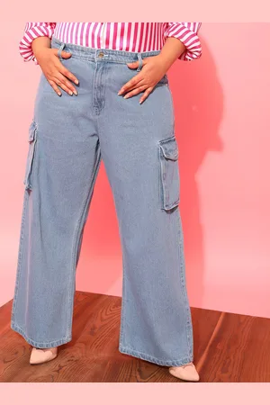 CURVY STREET Women Plus Size Blue Jean Wide Leg Pure Cotton Cargo Jeans