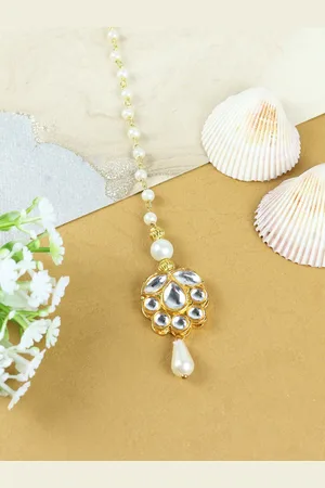 asthetika Girls Gold-Plated Kundan-Studded & Beaded Maang Tikka