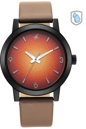 Fastrack Men Orange Brass Dial & Brown Leather Straps Analogue Watch