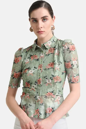 Kazo Floral Printed Classic Opaque Lace Peplum Shirt