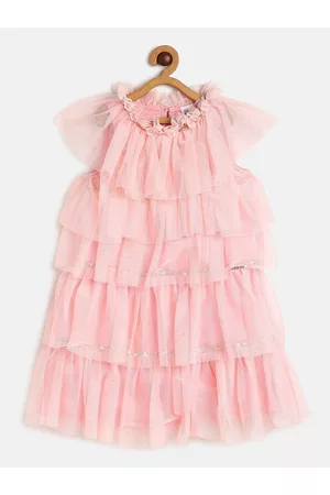 MINI KLUB Girls Round Neck Sequinned Layered A-line Dress