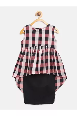AWW HUNNIE Girls Pink & Black Checked Top with Solid Skirt