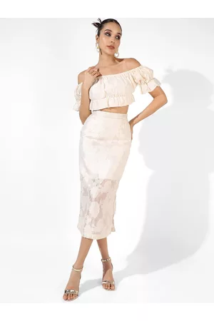 Campus Off-White Embroidered Top With Skirt