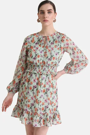 Kazo Floral Print Tie-Up Neck Georgette Smoked Fit & Flare Dress