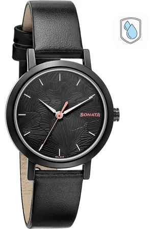 Sonata Women Black Brass Dial & Black Leather Straps Analogue Watch 8174NL01