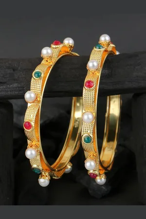 Adwitiya Collection Set Of 2 Gold-Plated Pink & Green Stone-Studded & Beaded Handcrafted Bangles