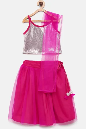 MANY FROCKS & Girls Pink & Silver-Toned Embellished Top with Skirt & Dupatta