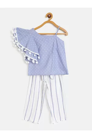 pspeaches Girls Blue & White Self Design Top with Striped Trousers