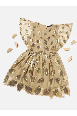 Allen Solly Girls Embellished Sequined Deatiled Flutter Sleeves Fit & Flare Dress