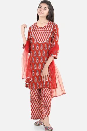 BownBee Girls Ethnic Motifs Printed Pure Cotton Kurta & Trouser With Dupatta