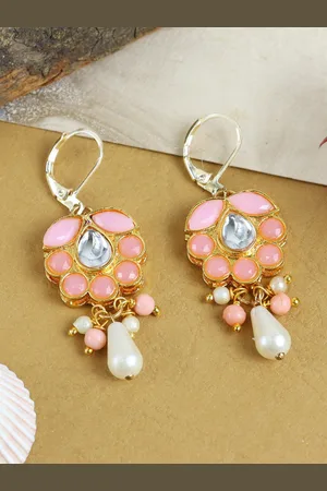 asthetika Girls Gold-Plated Kundan Studded Contemporary Drop Earrings