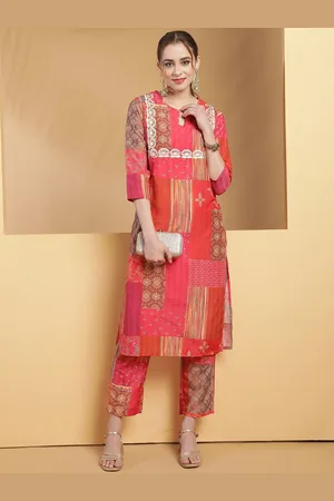 BE INDI Women Ethnic Motifs Printed Round Neck Straight Kurta Set with Trouser
