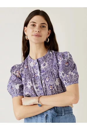 Marks & Spencer Floral Printed Puff Sleeve Shirt Style Cotton Top