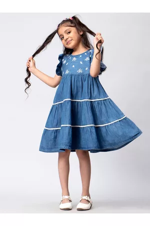 HERE&NOW Girls Navy Blue & White Embroidered Flutter Sleeves Cotton A-Line Dress