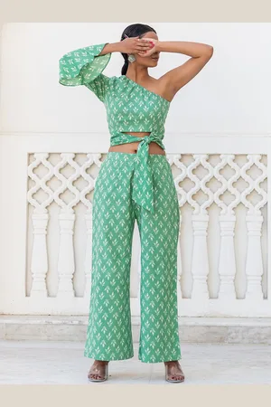 Kohsh Printed One-Shoulder Pure Cotton Crop Top With Palazzos Co-Ords