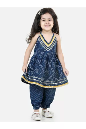BownBee Girls Blue Bandhani Printed Regular Pure Cotton Kurta with Harem Pants