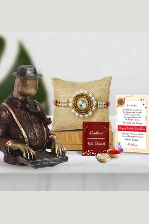eCraftIndia Gold-Toned & White Pearl-Beaded Man Playing Piano Statue Rakhi Gift Set
